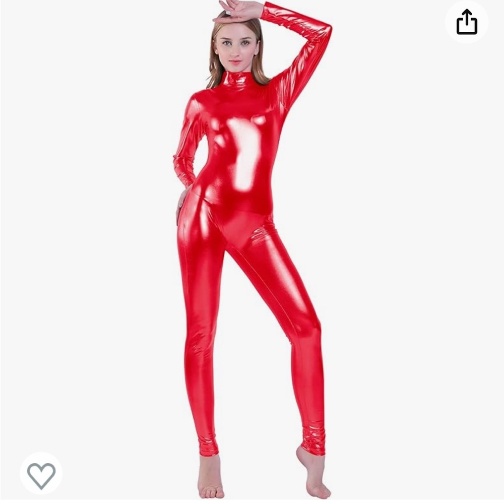 Shiny Metallic Unitard Turtleneck Long Sleeve Footless Zentai Suit Red Medium